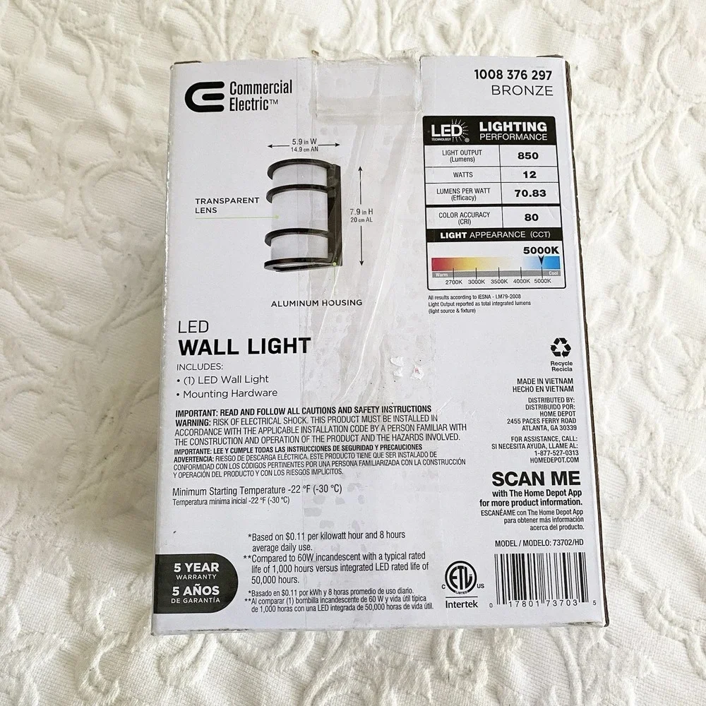 Commercial Electric LED WALL LIGHT BRONZE 850 Lumens‎ 1008-376-297 Sensor NEW